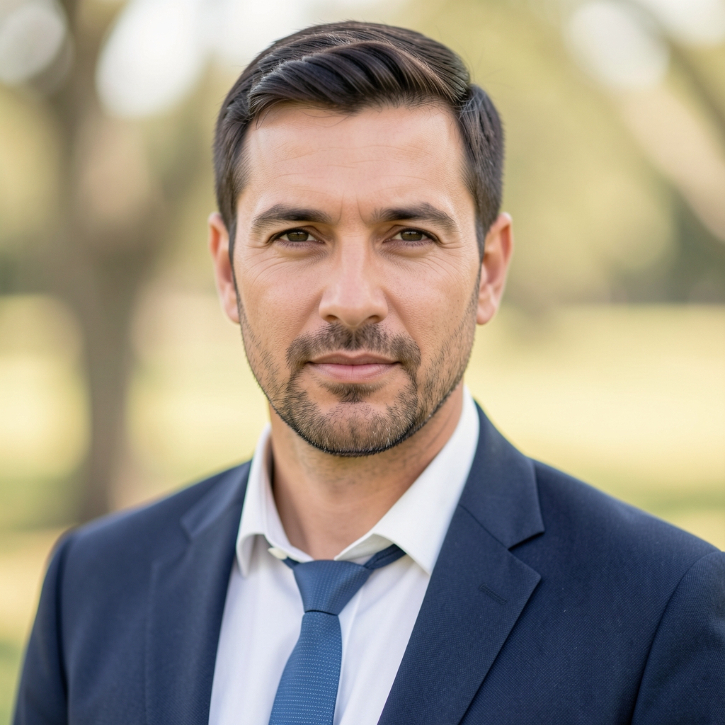 Portrait of a man in his forties with light natural background, calm expression, editorial framing with shallow depth of field