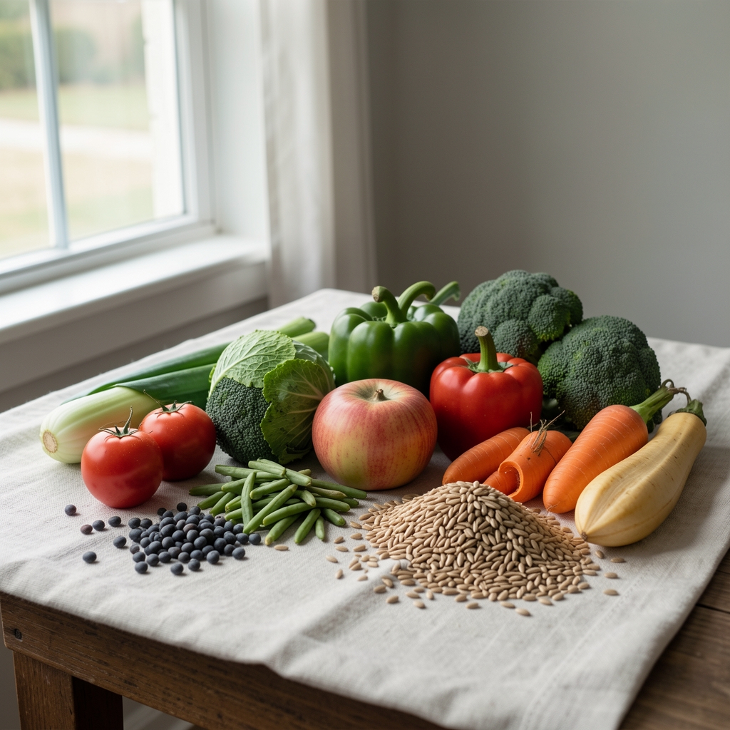 Seasonal vegetables and whole grains arranged on a pale linen surface, natural daylight from a side window, editorial food composition